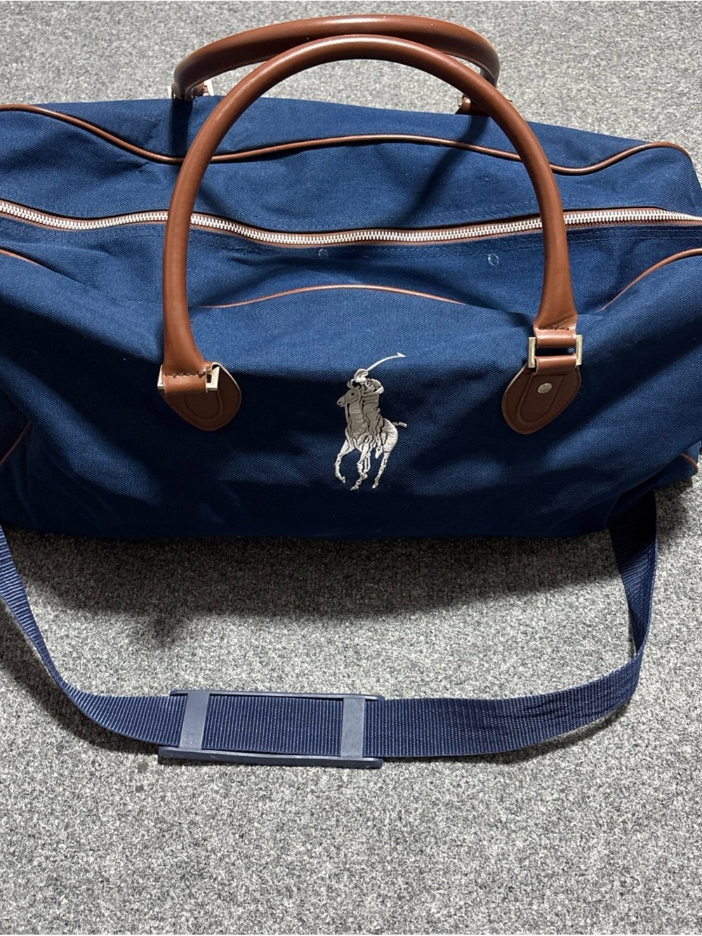 Ralph Lauren Big Pony Navy Canvas Duffel Bag with Brown Leather Trim